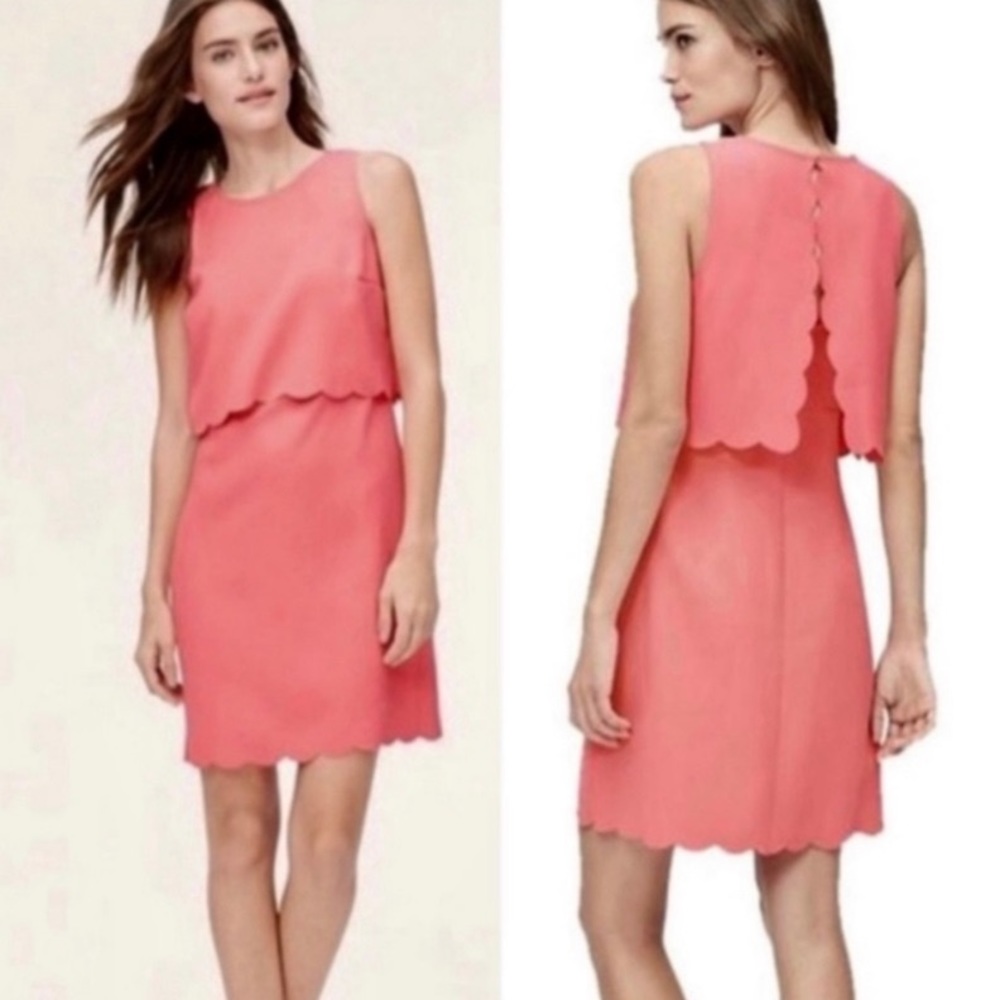 Ann Taylor LOFT 🪸 CORAL SALMÓN PINK🪸  SLEEVELESS SCALLOP LAYERED DRESS 🌟EUC🌟